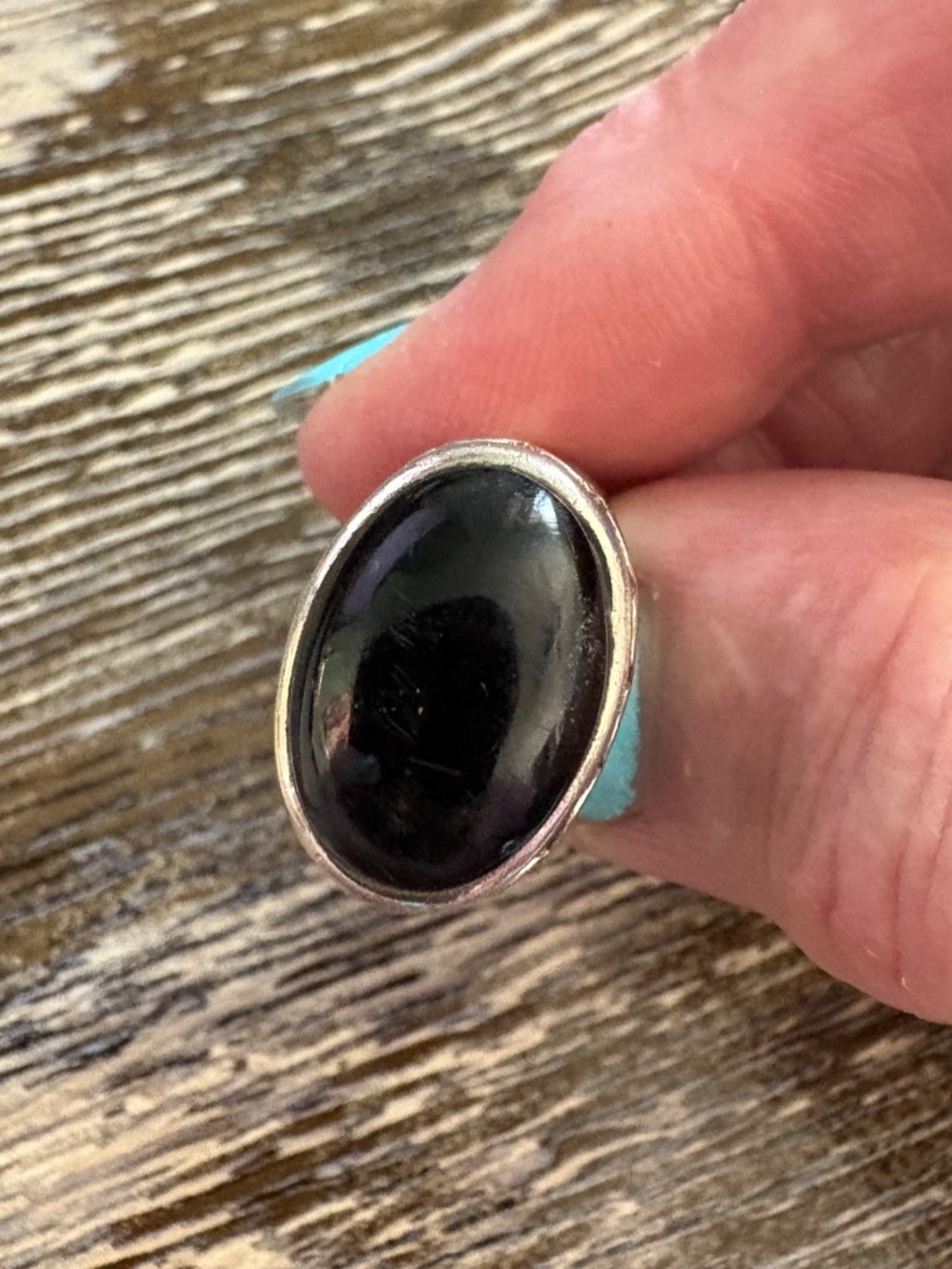 Vintage Sterling Silver Cabochon Onyx and Multi-Stone Inlay Ring. SZ  6.75 - Picture 4 of 17